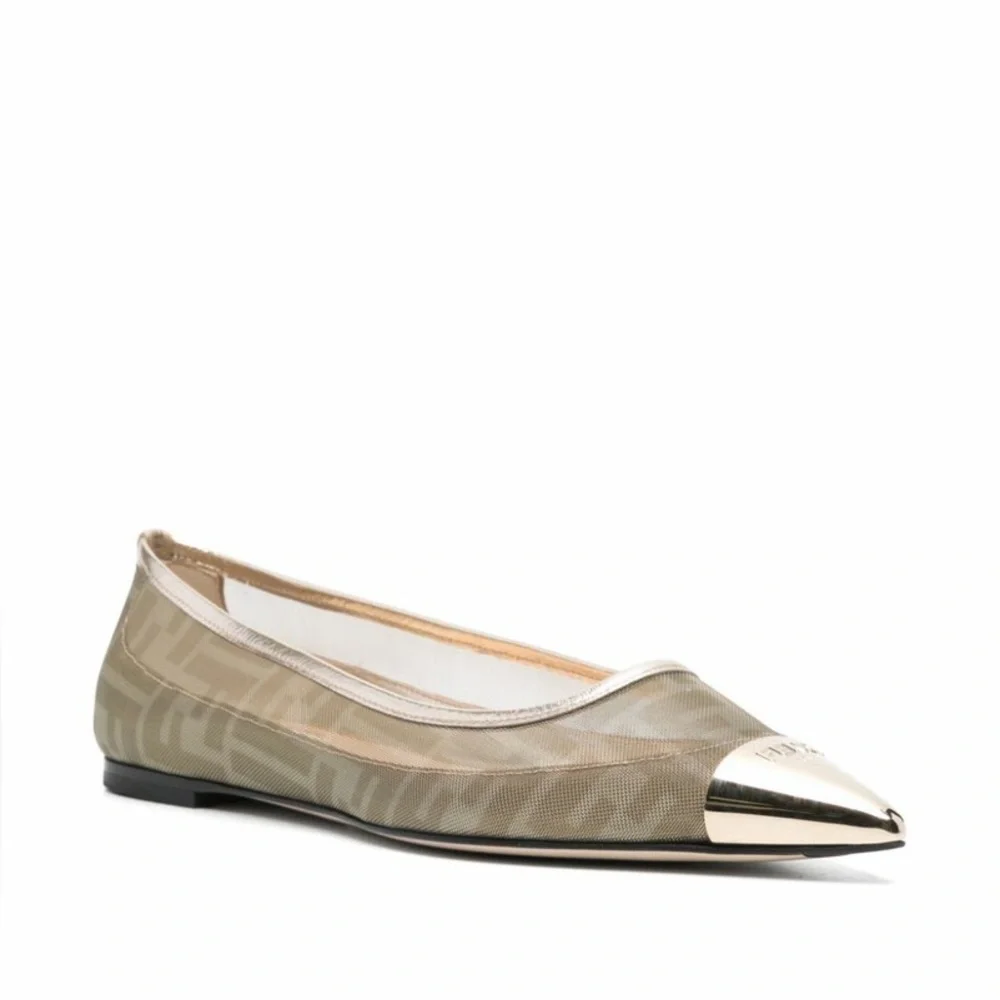 FENDI Colibri Ballerina FF Logo Mesh Pointed Cap Toe Ballet Flats Shoes